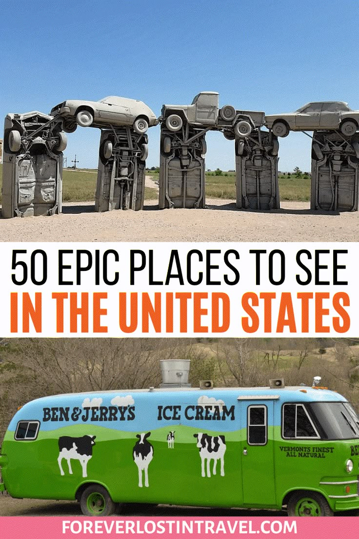 an ice cream truck parked in front of some old cars with the words 50 epic places to see in the united states