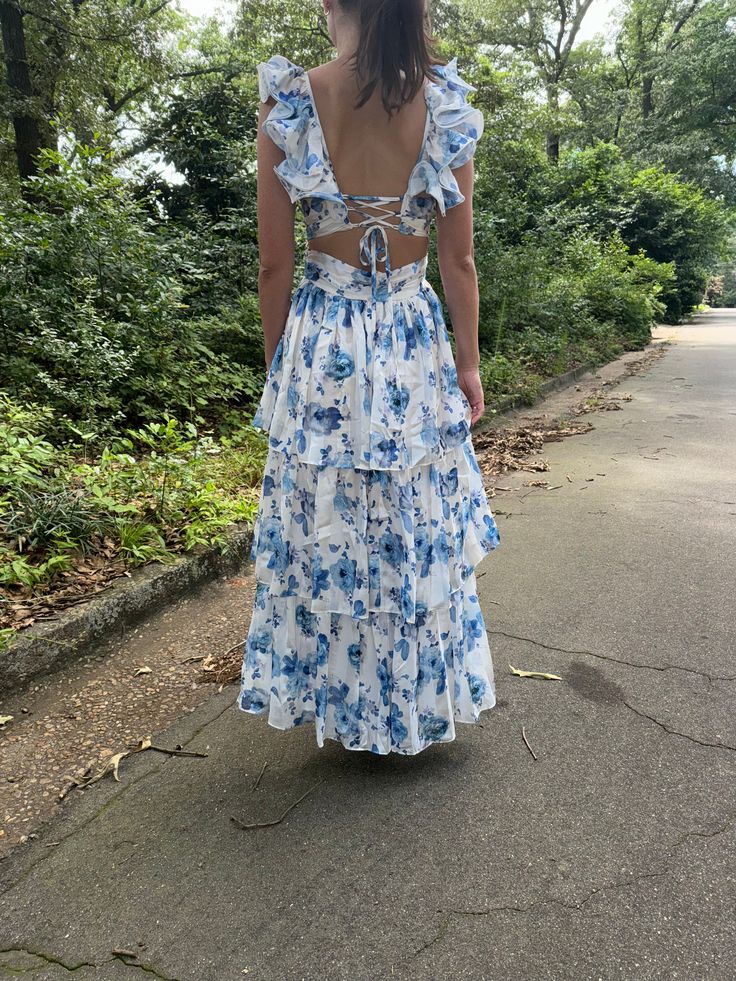 Floral ruffled maxi dress with elegant back! Kendall is wearing a size small. Blue Floral Maternity Dress, Blue Floor-length Ruffled Dress, Blue Floral Bridesmaid Dresses, Floral Maternity Dress, Blue And White Floral Dress, Romantic Blue, Floral Maternity Dresses, Floral Bridesmaid Dresses, Floral Bridesmaid