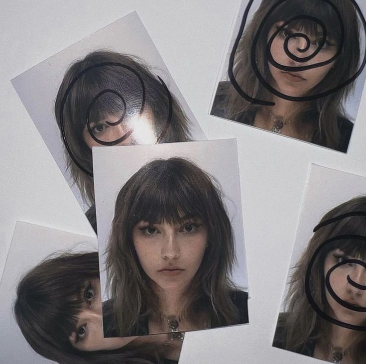 four photographs of a woman with long hair and circles around her face, all in black