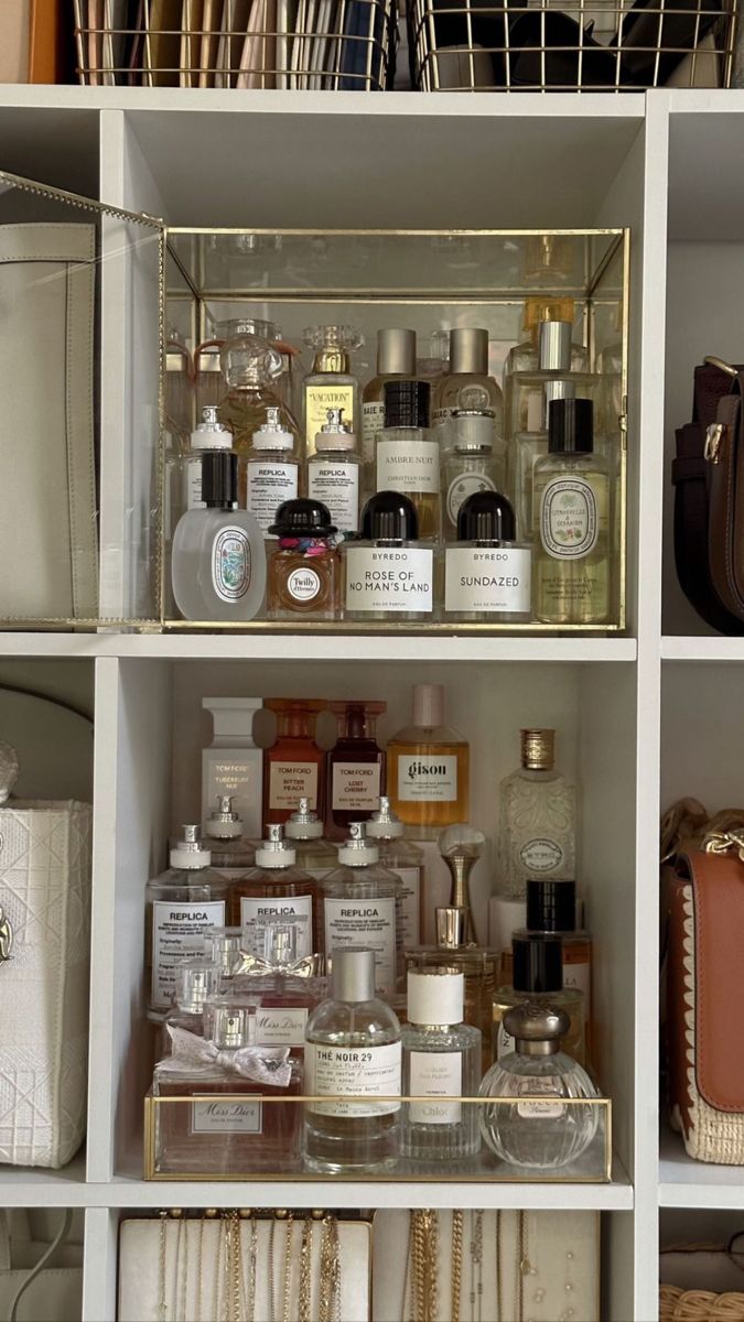 the shelves are filled with different types of perfumes