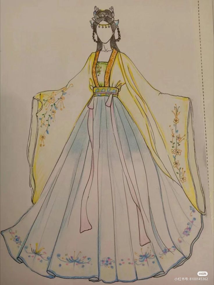 a drawing of a woman in a blue and yellow dress with flowers on the skirt