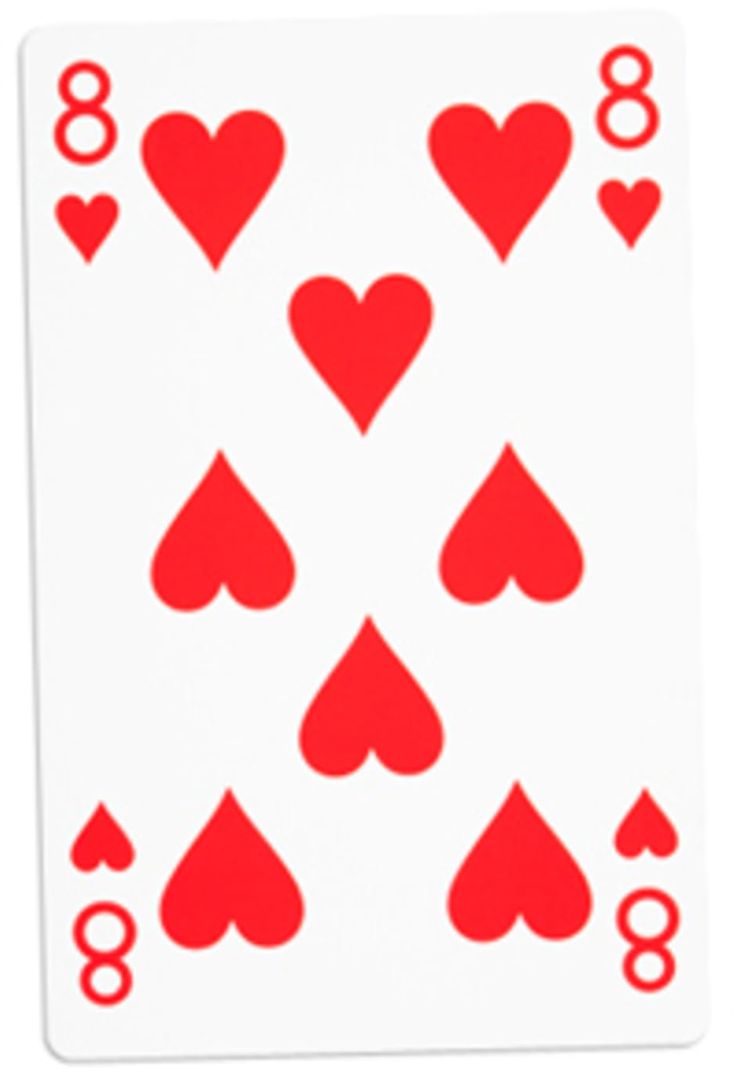 a red playing card with hearts on the front and back sides, all facing different directions