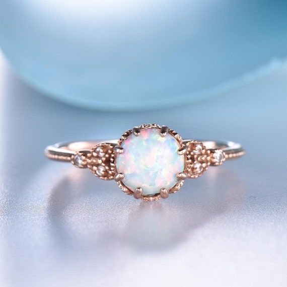 Dainty Opal Ring Rose Gold Opal Ring White Opal Ring 14K | Etsy Engagement Ring Upgrade, Opal And Sapphire Ring, Dainty Opal Ring, Engagement Ring Delicate, Opal Engagement Ring Set, Opal And Diamond Ring, Gold Opal Ring, Rose Gold Opal Ring, Round Cut Diamond Engagement Ring