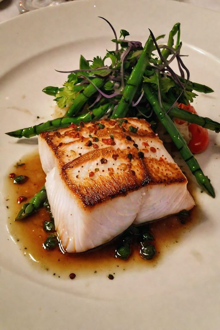 a white plate topped with fish and asparagus