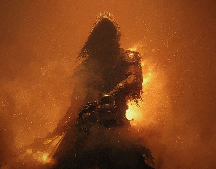 godzilla riding through the fire with his arm outstretched in front of an orange sky background