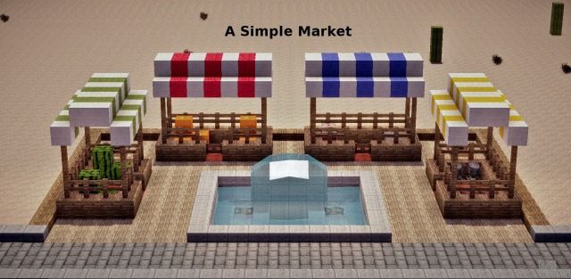 an image of a small market with tables and umbrellas on the roof, next to a pool