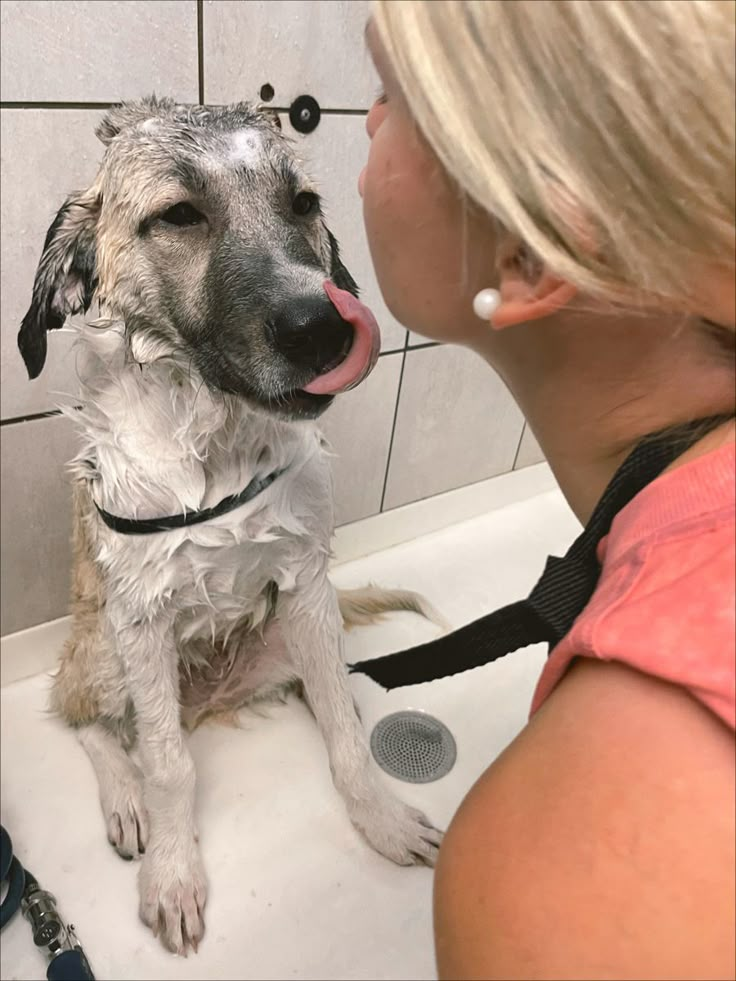 a woman is taking a bath with her dog in the showertub and it's tongue hanging out