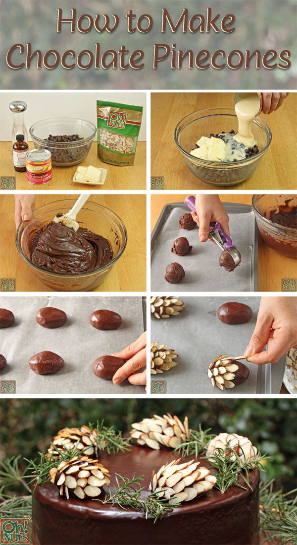 four pictures showing how to make chocolate almonds