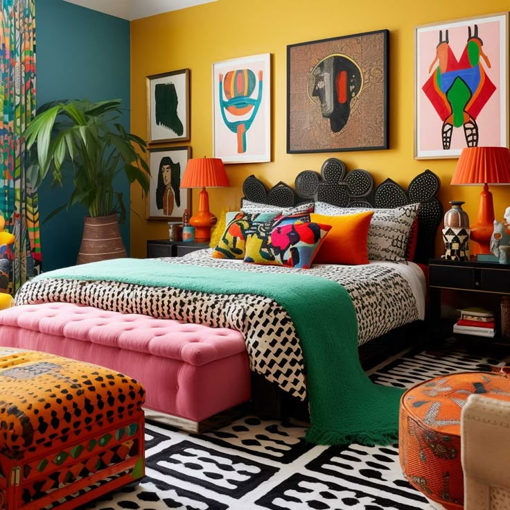 a brightly colored bedroom with an upholstered bed and footstools on the floor