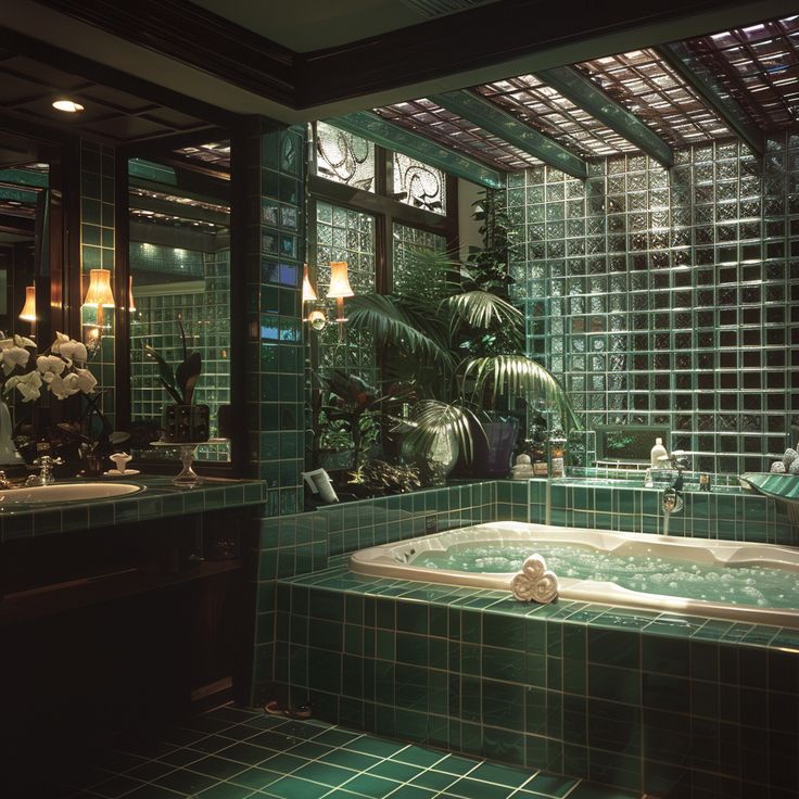 a green tiled bathroom with a large jacuzzi tub