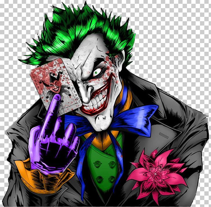 a drawing of the joker with green hair and purple gloves, holding a card in his hand