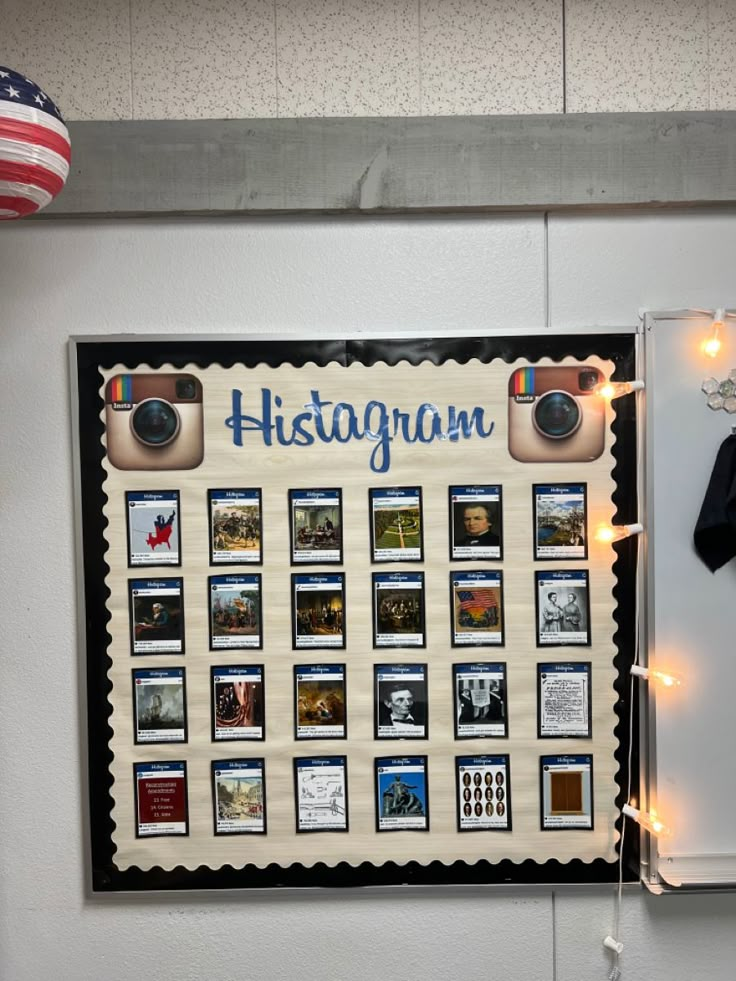 a bulletin board with pictures on it and lights strung from the wall behind it, along with an american flag