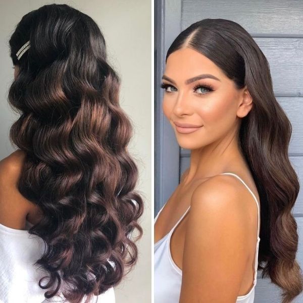 Make Up And Hair Ideas For Party, Hollywood Curls With Braid, Hollywood Waves Middle Part Slick, Slick Front Hollywood Waves, Hairstyles For One Strap Dress, Prom Hair Middle Part, Hair Inspo Long Hairstyles, Vintage Wedding Look, Wedding Bride Hair Down