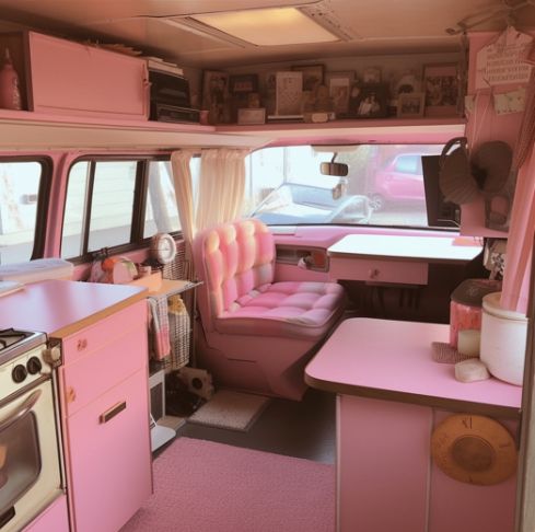 the interior of a pink camper is clean and ready to be used as a kitchen