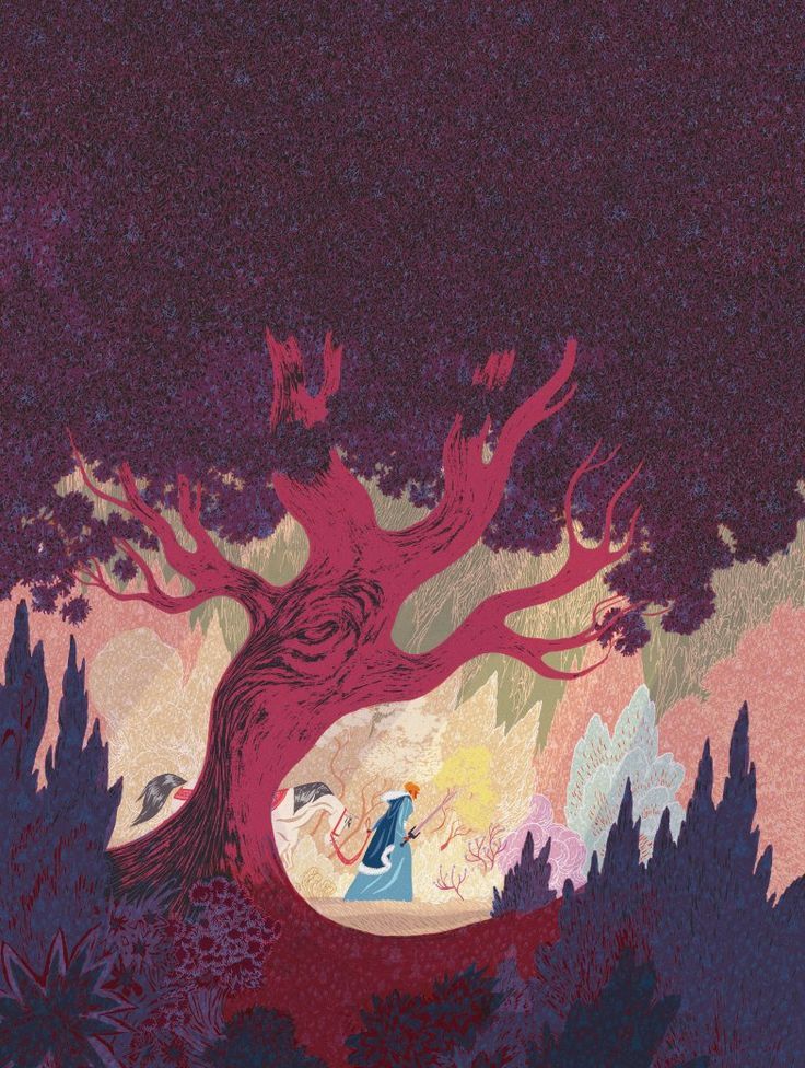 an illustration of a woman sitting under a large tree in the middle of a forest