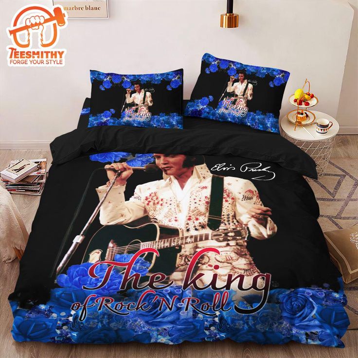 the king of rock and roll elvis presley bedding set with blue flowers on it