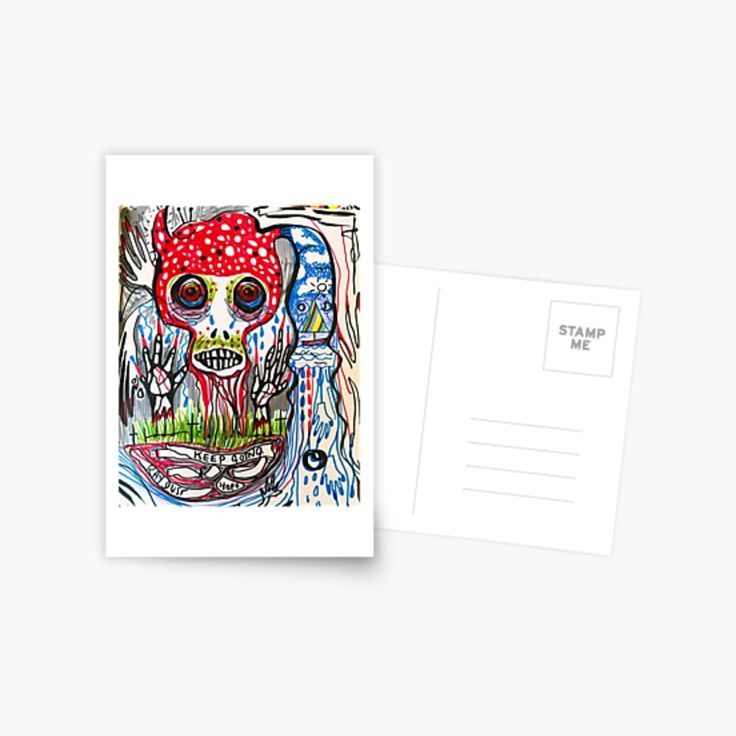 a postcard with a drawing of a skull on it