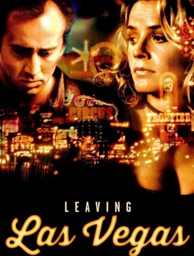 the movie poster for leaving las vegas is shown in black and gold, with two people standing next to each other