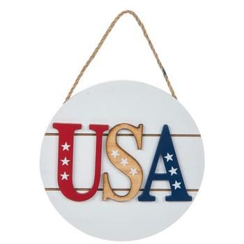 a hanging sign with the word usa on it's front and bottom letters in red, white, and blue