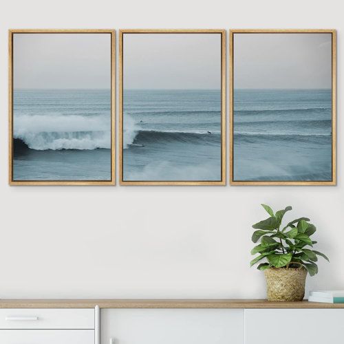 three framed pictures hang on the wall above a dresser with a potted plant in front of it