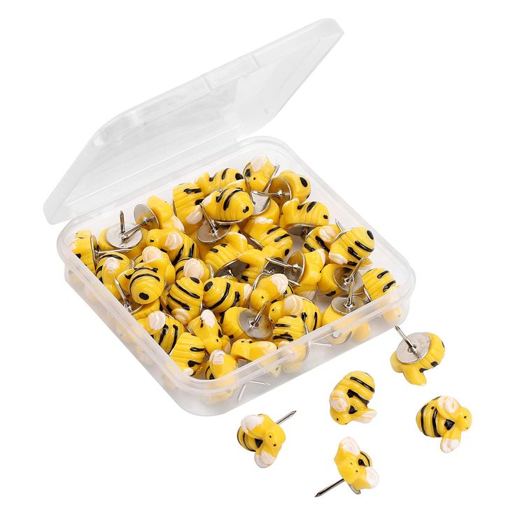 a plastic container filled with lots of yellow and black bees on top of each other