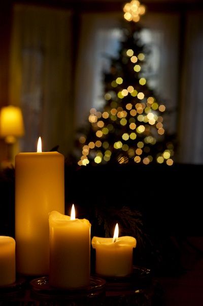 lit candles in front of a christmas tree