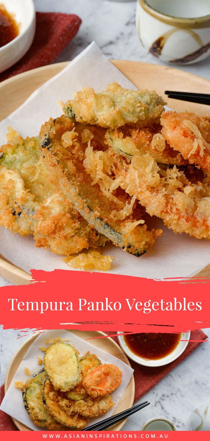 tempura panko vegetables on a plate with dipping sauce and chopsticks