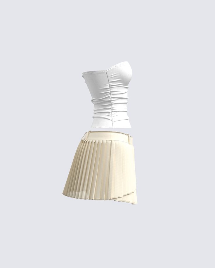 Sometimes less is more 😚 This two-piece set features two versatile basics: A white jersey tube top, paired with a cream crepe pleat skirt - perfect for dressing up with accessories 🤍 Chic White Tube Top For Night Out, White Pleated Skirt For Summer Party, Chic Pleated Cream Mini Skirt, Fitted Cream Tube Top For Summer, White Pleated Mini Skirt For Night Out, Chic White Pleated Skirt For Day Out, Sky Collection, Pleat Skirt, Cool Braid Hairstyles