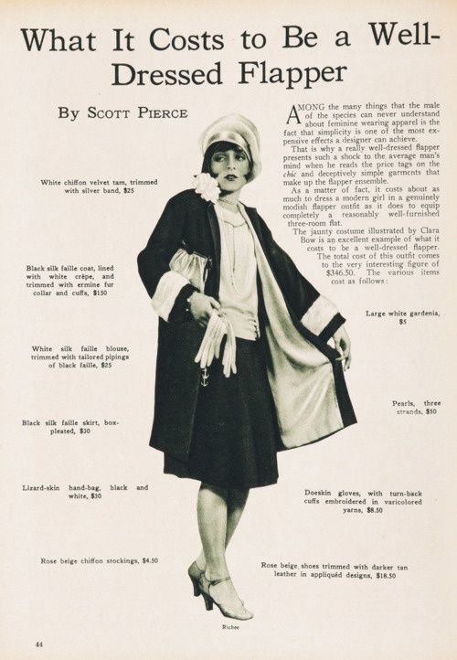 "Between the 1900’s and 1920’s women’s dress went from seventeen layers, to four.. and nineteen yards of fabric down to seven. You would think the drastic reduction in material made clothing affordable, and they did, except for one thing. Instead of three or four complete outfits for the typical middle class 1900’s woman ,1920’s ladies were expected to wear a new outfit every, new clothes for new seasons, and only the best most current fashions could be seen." #THEDRESLYN 1920 Makeup, Look Gatsby, Clara Bow, Jean Patou, Louise Brooks, 1920's Fashion, Flapper Girl, The Roaring Twenties, 20s Fashion