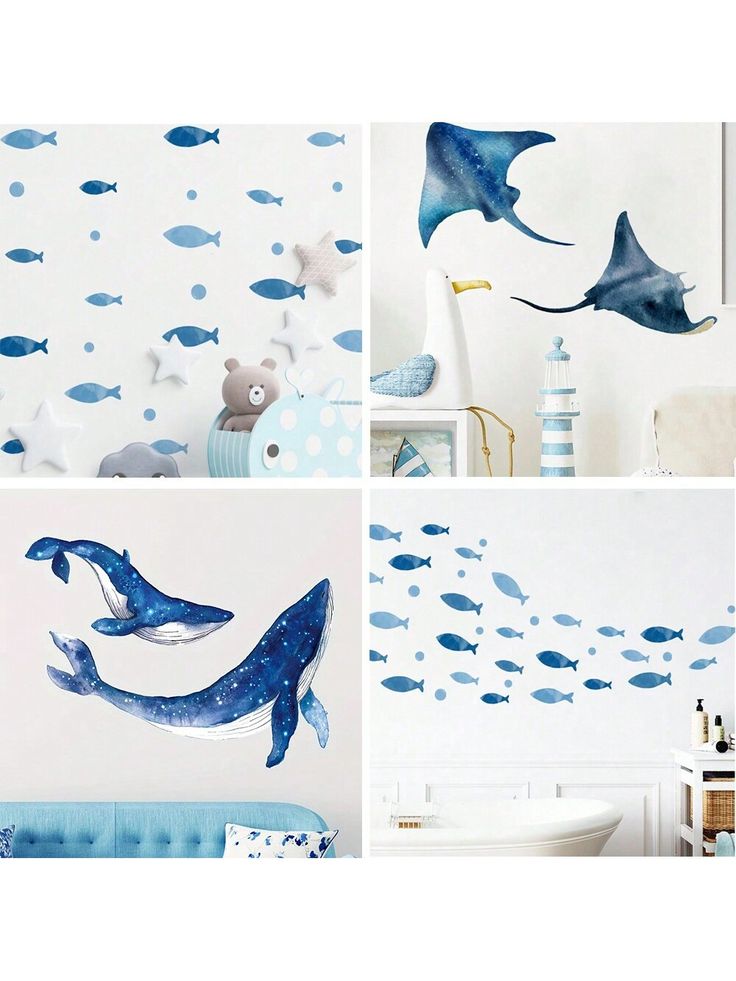 four different pictures of blue and white wallpapers with fish, whale, seagulls and starfish