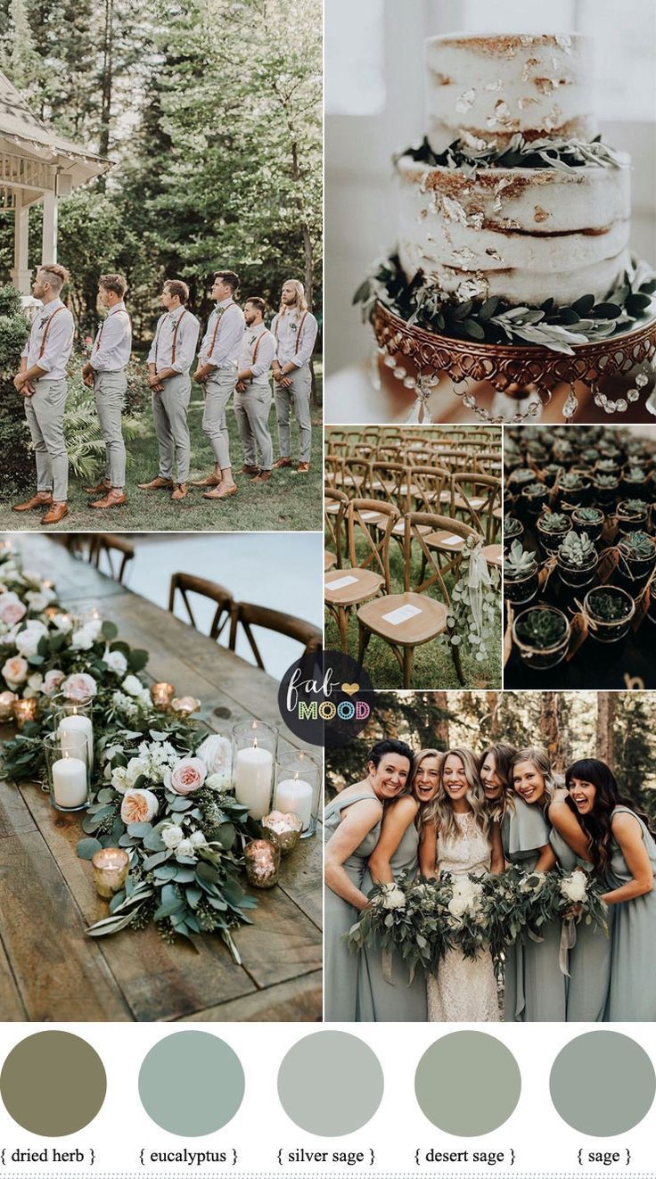 a collage of photos with different colors and wedding details, including candles, flowers, greenery, and cake