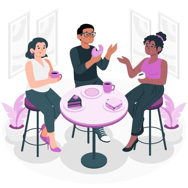 three people sitting at a table having coffee and talking to each other while the woman is holding a cup in her hand