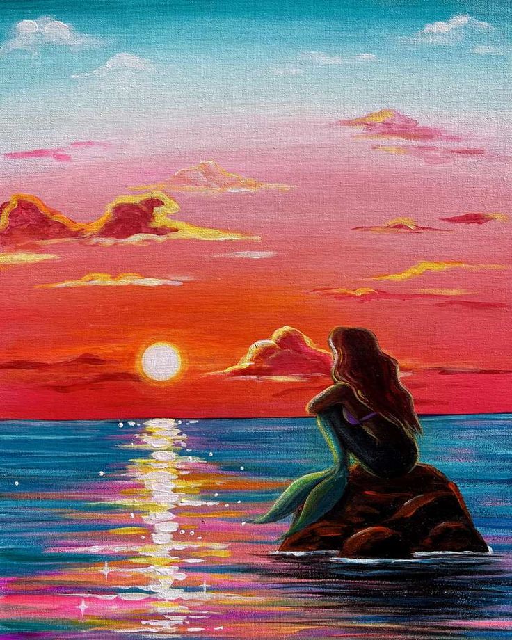 a painting of a woman sitting on top of a rock in the ocean at sunset