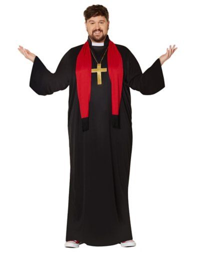 a man in a priest costume with his hands out and wearing a cross on the chest