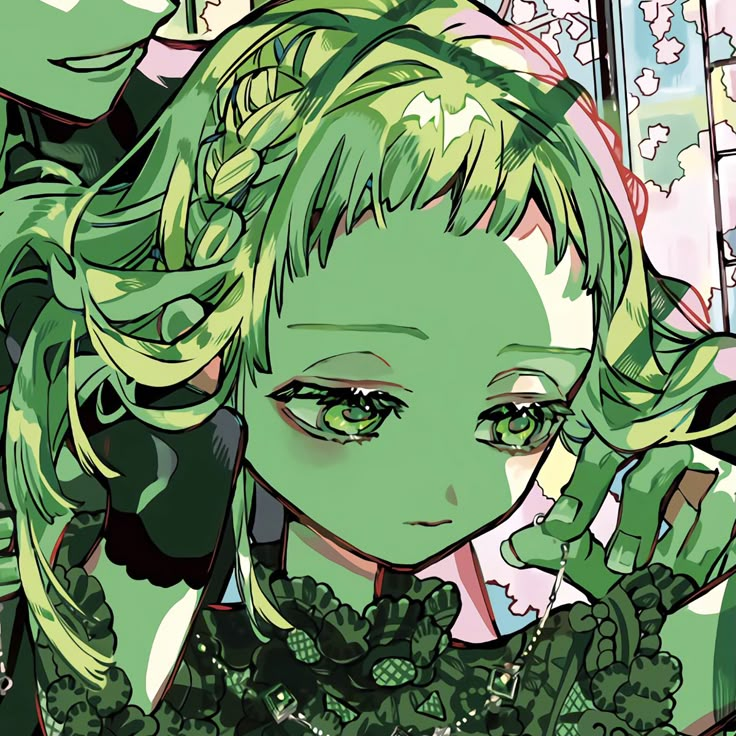 an anime character with green hair and big eyes