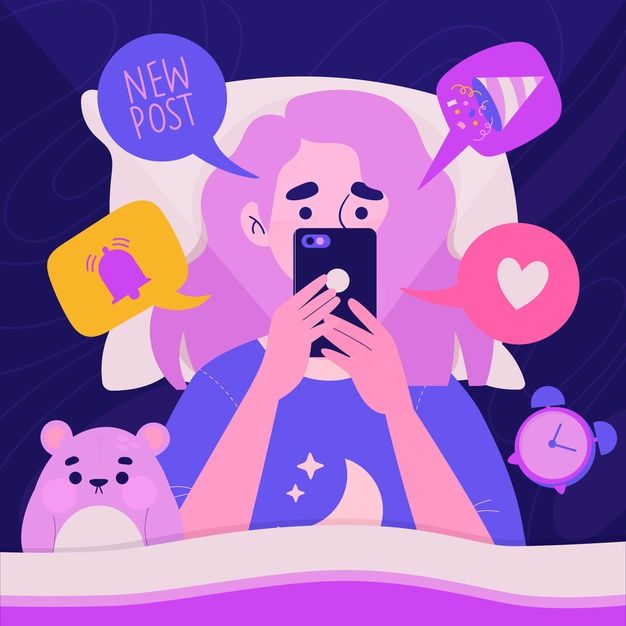 a woman sitting in bed looking at her cell phone with bubbles above her head that say new post