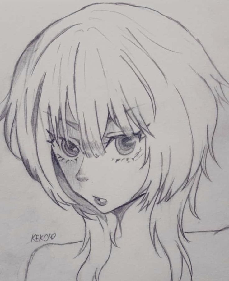 a pencil drawing of a girl with long hair and big eyes, looking straight ahead