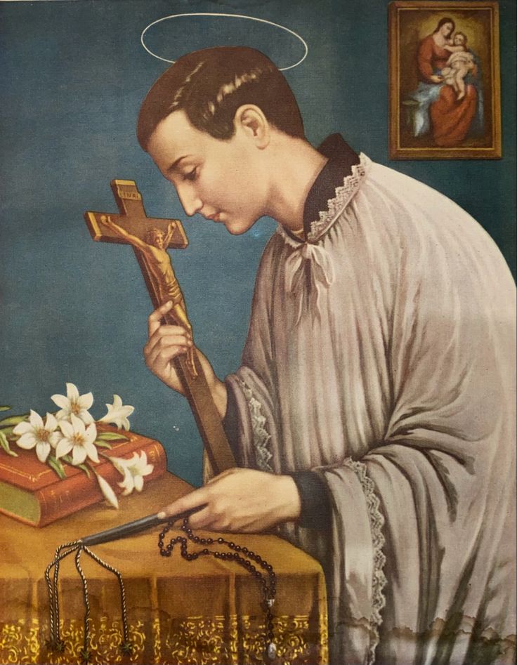 a painting of a woman holding a cross and flowers on a table with other items