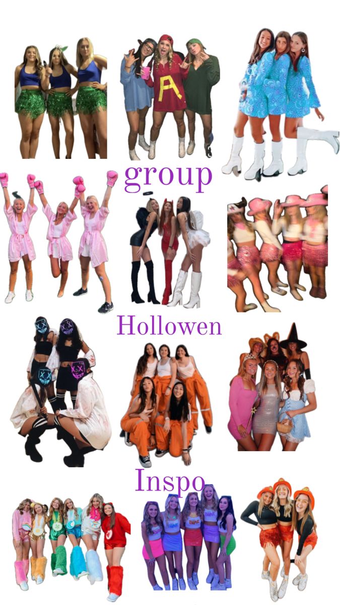 group halloween costumes for girls and boys with the word group written in purple on them