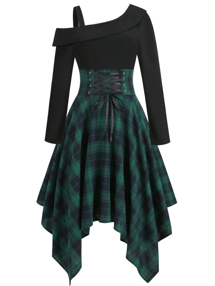 Nerdy Women Fashion, Eighth Grade Dance Dresses Long Sleeve, Purple Dresses For Church, Vintage Dresses For Women, Green Plaid Outfits For Women, Dark Green Medieval Dress, Dark Dresses Casual, Long Sleeve Winter Dress Casual, Cute Dresses Green