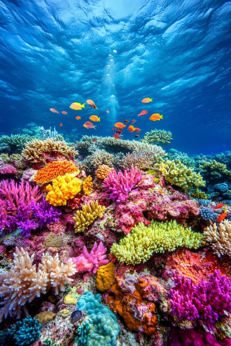 an underwater view of colorful corals and fish