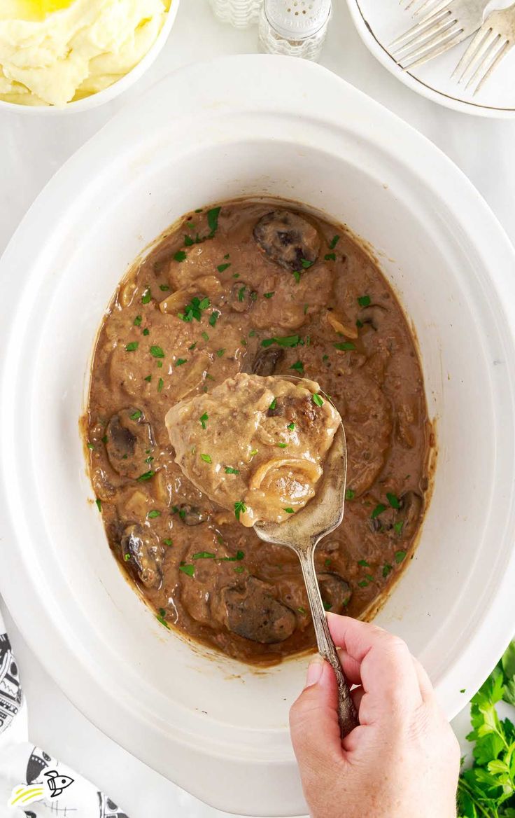 a person holding a spoon in a bowl filled with stew and mashed potatoes on the side