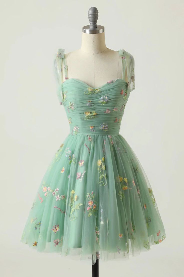 Zapaka Women Green Short Homecoming Dress A-Line Sleeveless Prom Dress With Embroidery – ZAPAKA Short Princess Dress, Champagne Homecoming Dresses, Mint Green Prom Dress, Tea Length Wedding, Dress With Embroidery, Spaghetti Strap Prom Dress, Floral Halter Dress, Short Party Dress, Elegant Party Dresses