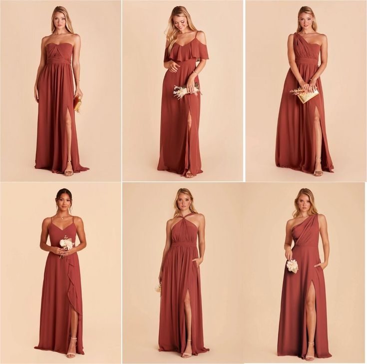 four pictures of different styles of bridesmaid gowns with one side split open