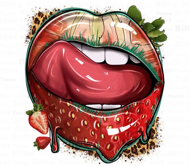 a drawing of a woman's lips and tongue with strawberries on the bottom