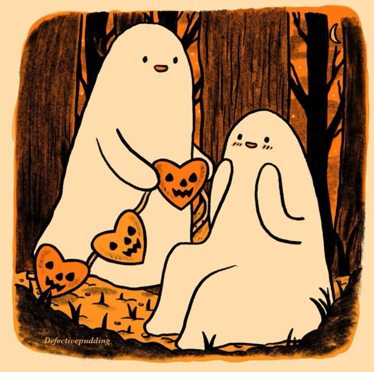 two ghostes are holding pumpkins in the woods