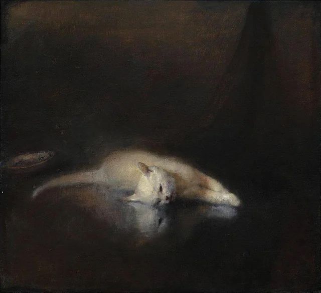 a painting of a white cat laying on the ground with its head down and it's eyes closed