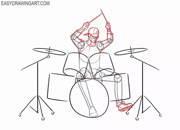 a drawing of a man playing drums on a drum set with the words easy drawing tips