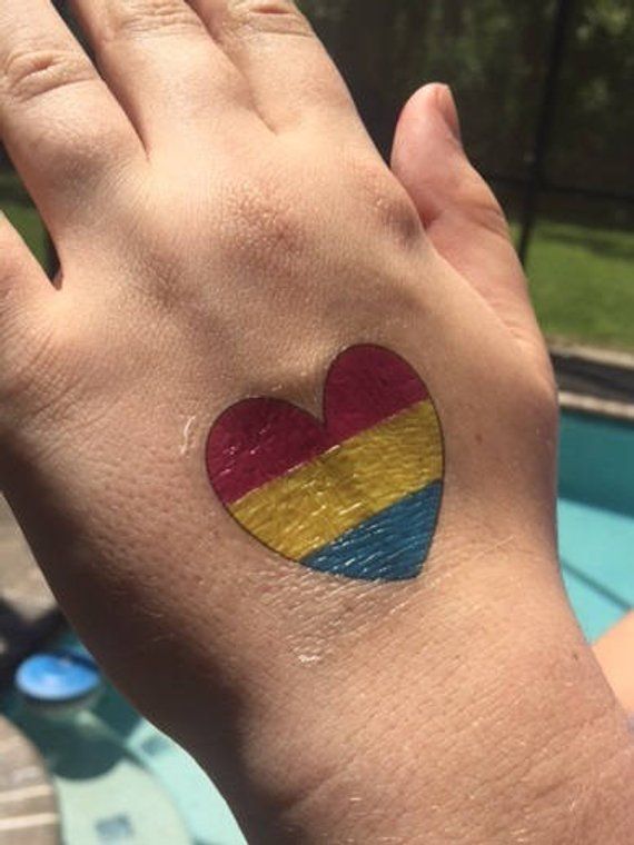 a person's hand with a small heart tattoo on their left wrist, and a pool in the background