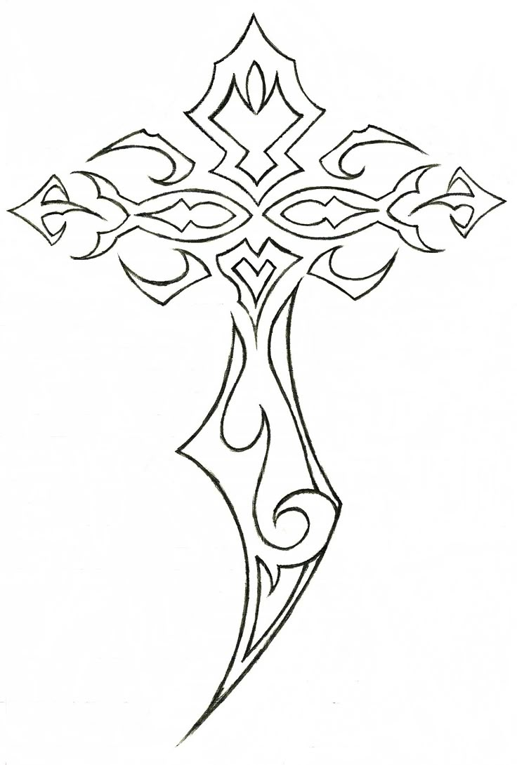 a cross that is drawn in black and white with an intricate design on the side